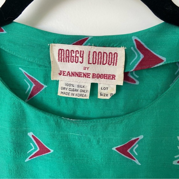 Vintage 80s Maggy London Silk Green Geometric Pattern Dress - Picture 7 of 7